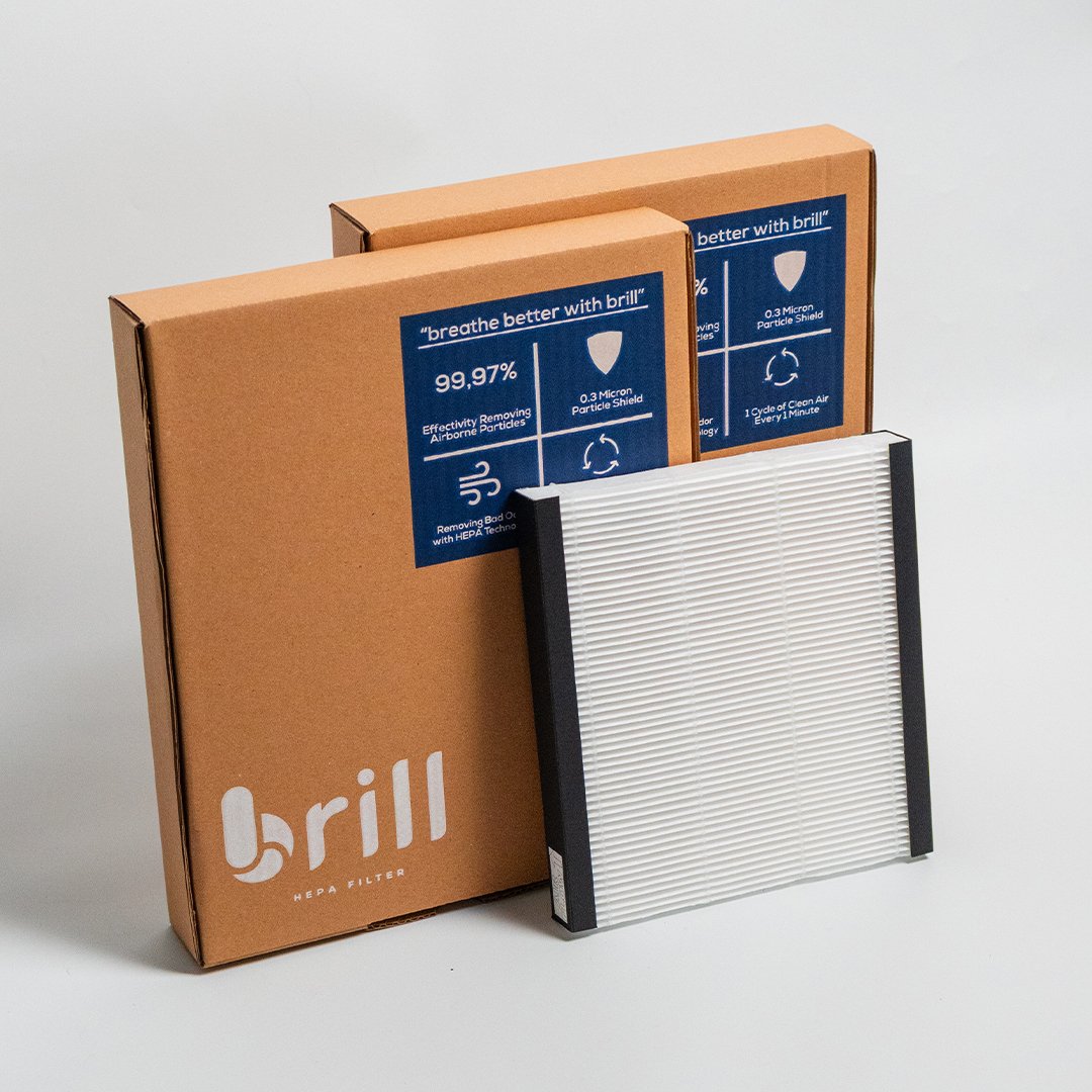 Brill Insight poster showing air purifier on-board benefits: odor reduction and PM2.5 filtration up to 99.97%